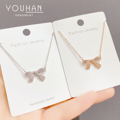 Korean Style Fashion New Bow Zircon Pendant Titanium Steel Necklace for Women 2021new Internet Celebrity Same Style Clavicle Chain