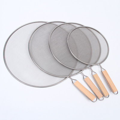 Factory Wholesale Stainless Steel Explosion-Proof Cover Kitchen Wok Anti-Oil Splash Net Cover Wooden Handle Oil Shield