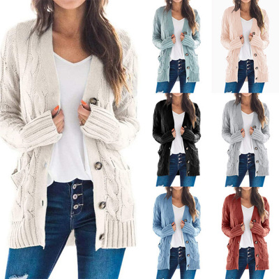 2021 Autumn and Winter New Women's Clothing Casual Cardigan Coat Solid Color Twist Button Cardigan Sweater Women