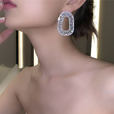 High-Grade Full Diamond Bright Oval Eardrop Earring Temperament Super Shiny Zircon Ear Studs Earrings Female Fashion