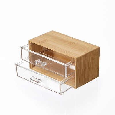 High Quality Log Plastic Bamboo Frame Desktop Cosmetics Storage Box Transparent Two-Layer Drawer Jewelry Box