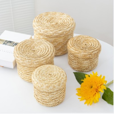 Yijia Straw Handmade Straw Woven Storage Basket Gift Snack Storage Box Desktop Sundries with Lid round Storage Basket