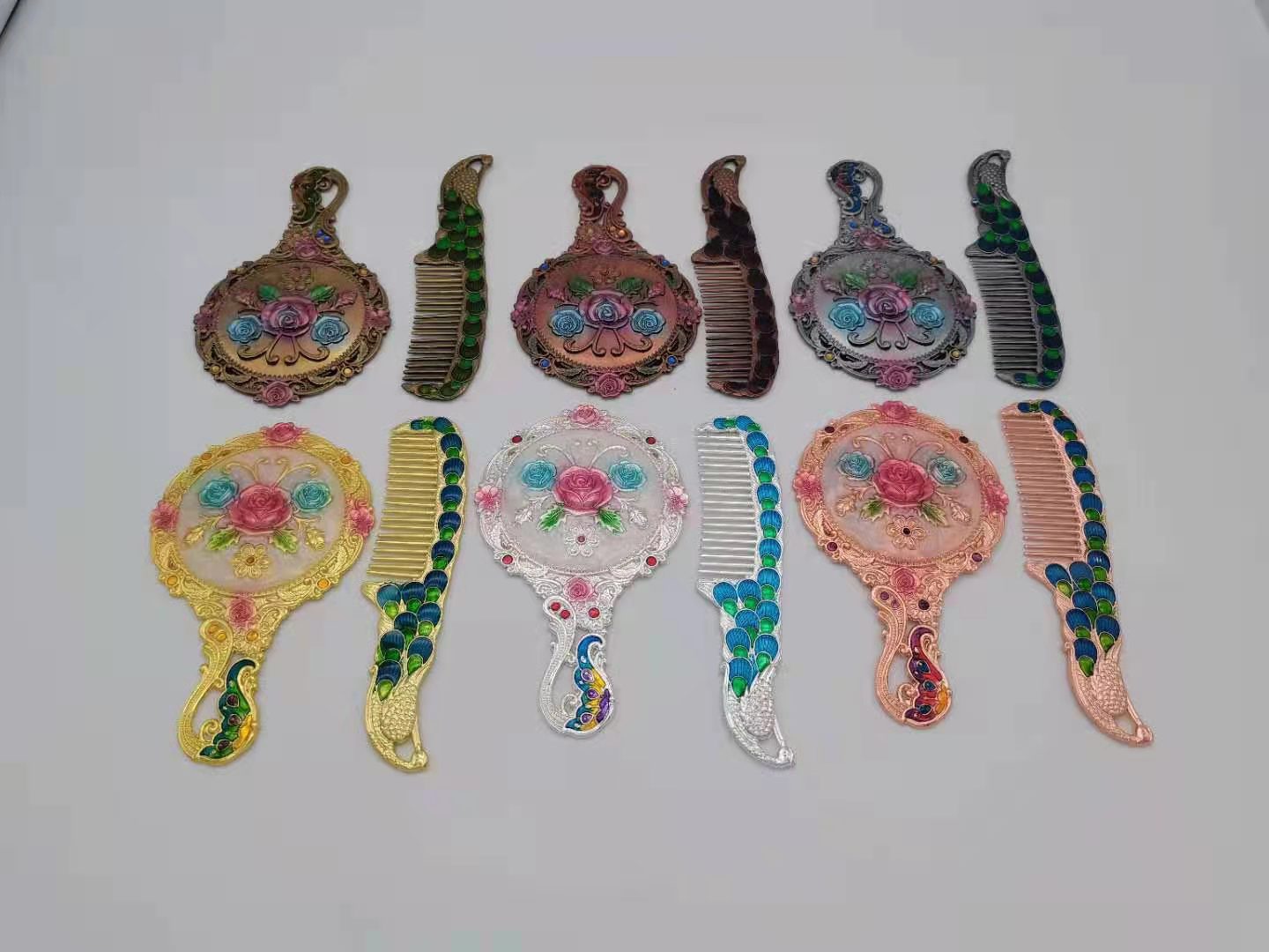 复古小手柄化妆镜梳子套装迷你金属彩绘小镜子孔雀玫瑰花镜子雏菊
