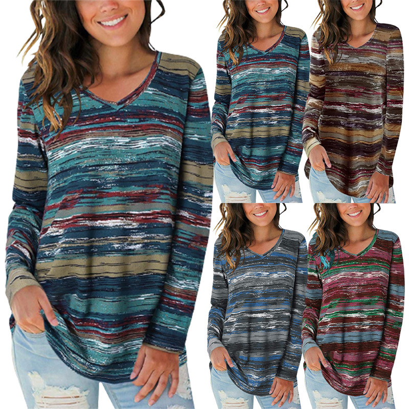 亚马逊wish跨境外贸欧美秋冬新款女装数码印花V领长袖上衣T恤