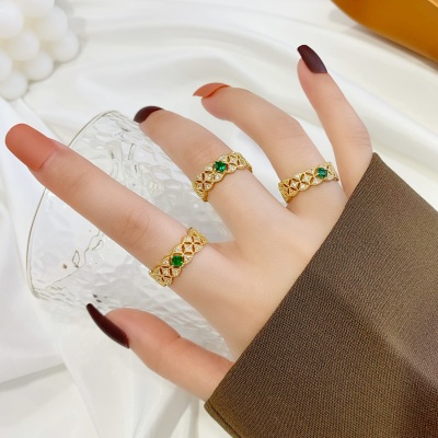 Simple Graceful Emerald Diamond-Embedded Open Ring Female Alluvial Gold Non-Fading All-Match Adjustable Ring Index Finger Ring