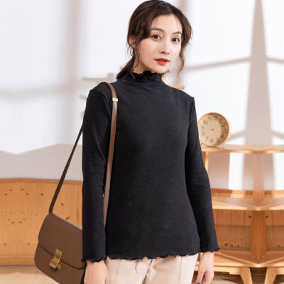 Half Turtleneck Wooden Ear Autumn and Winter New Bottoming Shirt Women's Mid Collar Versatile Slim-Fit Long Sleeve T-shirt Solid Color Inner Wear Top