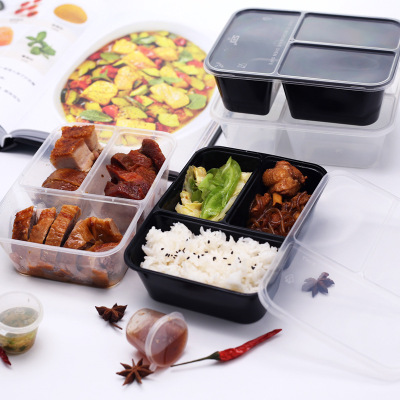 500/750/1000ml Three-Grid Rectangular Lunch Box Disposable Takeaway Packing Box Black Transparent Fast Food Box