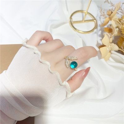 No Color Fading Mermaid Tail Foam Blue Crystal Diamond Index Finger Ring Women's Imitation Gold Alluvial Gold Open Ring