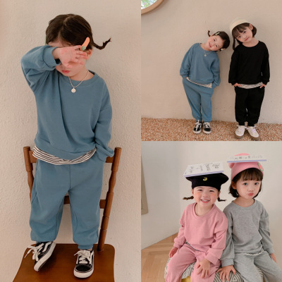 2021 Autumn New Children's Clothing Boys and Girls Waffle Knitted Stitching Sweater Pants Korean Children's Clothing Kindergarten Suit