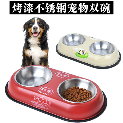 Stainless Steel Pet Double Bowl Large Feeding Drinking Water Dual-Use Dog Food Bowl Non-Slip Stainless Steel Dog Bowl Pet Supplies