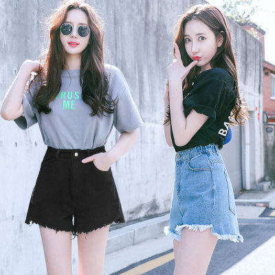 Denim Shorts Women's Summer 2021 New Loose-Fitting Hot Pants Frayed Students All-Match Black High Waist Jeans