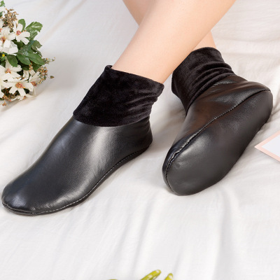 New Leather Waterproof Foot Sock Adult Men's and Women's Winter Fleece-Lined Thickened Room Socks Non-Slip Fashionable Warm Foot Sock