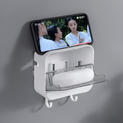Soap Dish Wall-Mounted Suction Cup Drain Soap Box Creative Flip Multi-Functional Soap Storage Box with Hook Soap Holder