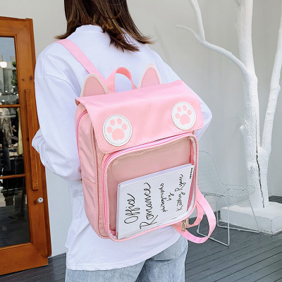 Japanese Style Cute Cat Feet Transparent Backpack Female Korean Style High School Student Mori Style Fresh Girl Transparent Schoolbag