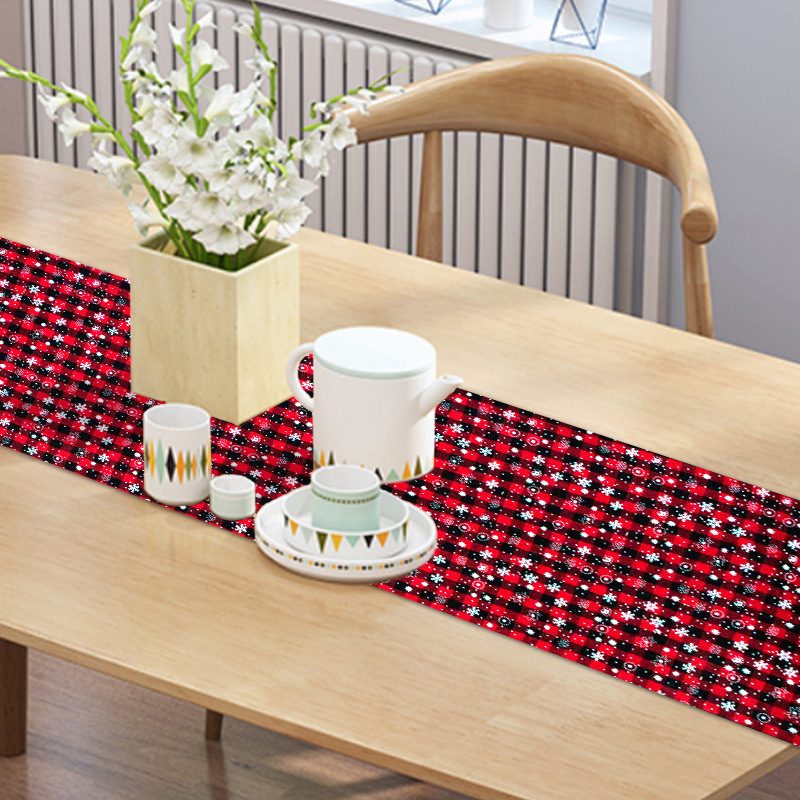 Wedding Christmas Birthday Dining Table Snowflake Red Black Plaid Table Runner Tablecloth Pillowcase Table Mat Cup Mat