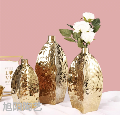 Electroplated Gold Ceramic Vase Nordic Irregular Creative Home Living Room Flower Arrangement Decoration Modern Soft Outfit Decoration