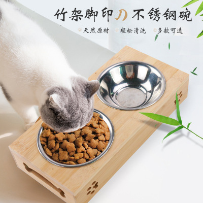 Factory Direct Supply New Primary Color Bamboo Stainless Steel Pet Double Bowl Anti-Tumble Cat Bowl Wooden Pet Bowl Dog Bowl