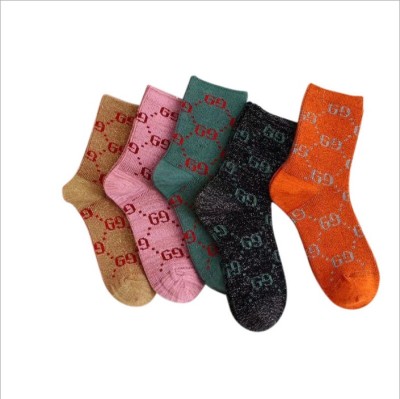  Women's Socks Letters Women's Mid-Calf Length Sock Gold and Silver Silk Candy Color Socks Fashion Women's Socks