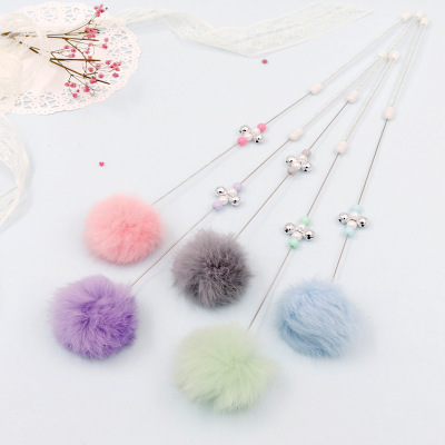 Factory Direct Sales Candy Color Small Fur Ball Cat Teaser Color Rabbit Fur Cat Playing Rod Bell Cat Toy Supplies Magic Wand