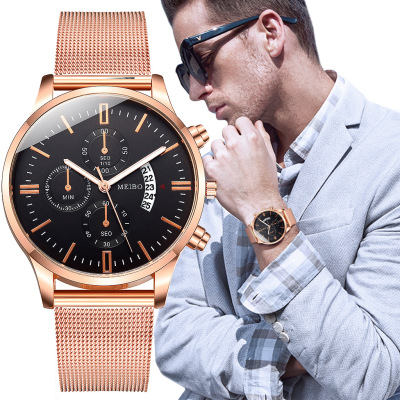 AliExpress Foreign Trade Hot Selling Alloy Mesh with Calendar Men's Watch Simple Fake Three Eyes Casual Watch Spot