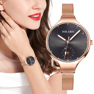 Korean Style Creative Yolako Thin Mesh Strap Fashion Women's Watches Simple Rose Gold and Silver Color Small Dial All-Match Watch