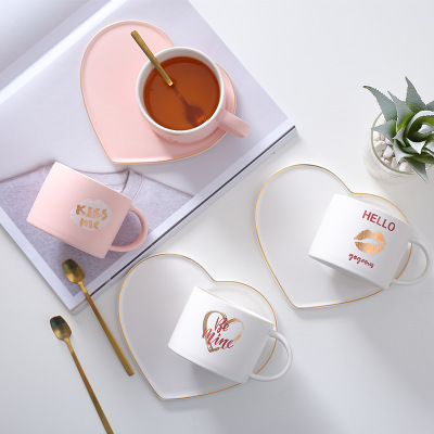 Simple Coffee Set Set Ins Style Afternoon Tea Peach Heart Couple Gold Rim Ceramic Cup with Gold Spoon Gift Cup