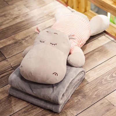 Cartoon Hippo Pillow and Quilt Dual-Use Cushion Car and Office Coral Fleece Air Conditioning Nap Blanket Midnight Sleeping Pillow