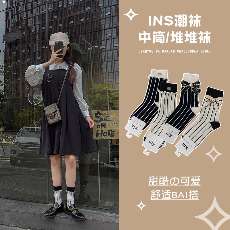 早秋新款ins风女袜 甜酷玛丽珍蝴蝶结潮袜学院风竖条纹女袜批发