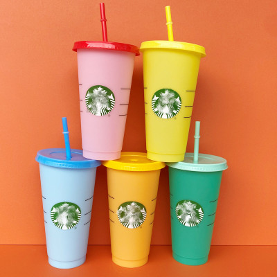 Starbocks Ins Style Cup with Straw Pp Temperature-Sensitive Plastic Discoloration Cup Student Drinking Cup with Lid Can Be Customized Logo
