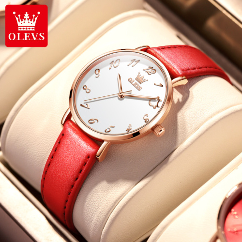 Olevs Brand Watch Wholesale Quartz Watch Chinese Red Genuine Leather Simple Thin Women‘s Watch Waterproof Women‘s Watch