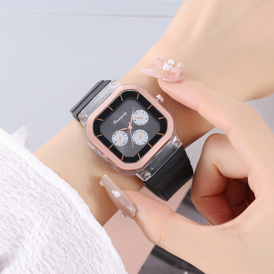 Women's Watch Colorful Silicone Strap round Watch Retro Three-Eye Printing Pointer Quartz Watch Decorative Wrist Watch