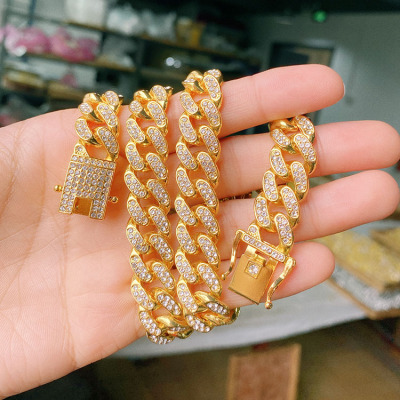 European Hip Hop Accessories Full Diamond 13mm Cuban Link Chain Cross-Border Small Goods Accessories Jewellery Cuba Hip Hop Necklace
