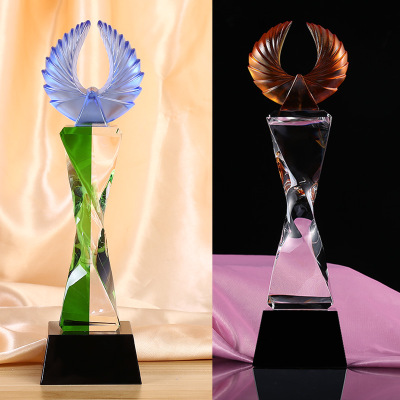 Crystal Trophy Customized Creative Trophy Customized Glass Wings Competition Company Annual Meeting Lettering Glass Manufacturer Production