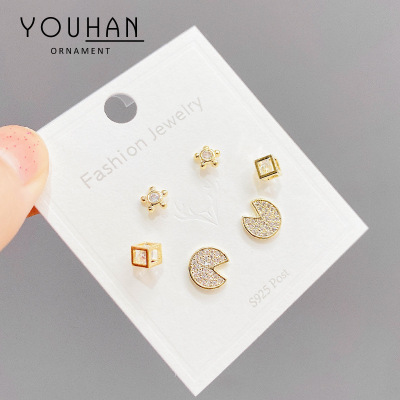 One Card Three Pairs Combination Set Fashion Design Personality Three-Piece Suit Stud Earrings Sterling Silver Needle Zircon Earrings for Women