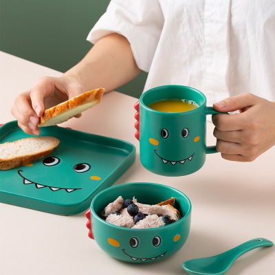 Creative Style Children's Cartoon Tableware Set Ins Breakfast Cup Dessert Bowl Dim Sum Plate Cute Baby Ceramic Tableware