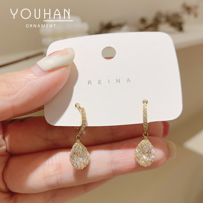 2021 New Gold-Plated Micro Inlaid Zircon a Wire Fence Drop-Shaped Ear Clip Fashion Small Fresh Beautiful Circle Ear Clip