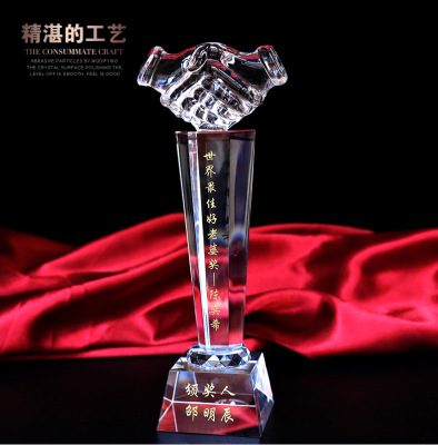 Crystal Trophy Customized Handshake Trophy Customized Free Lettering Enterprise Business Gift Decoration Team