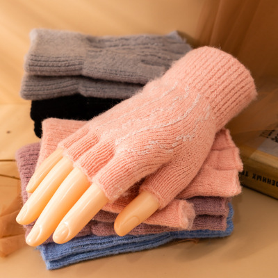 Knitted Knitting Wool Gloves Women's Winter Students Fleece-Lined Thickened Cycling and Driving Warm-Keeping and Cold-Proof Finger Half Finger Writing