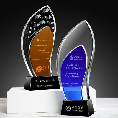Leaves Crystal Trophy Customized Creative Honor Medal Award Lettering Golden Blue Licensing Authority Competition Trophy