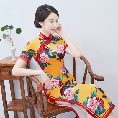 Women's Clothing Spring and Summer  Women Retro Slim Fit Improvement Elegant Catwalk Long Cheongsam Performance Clothes