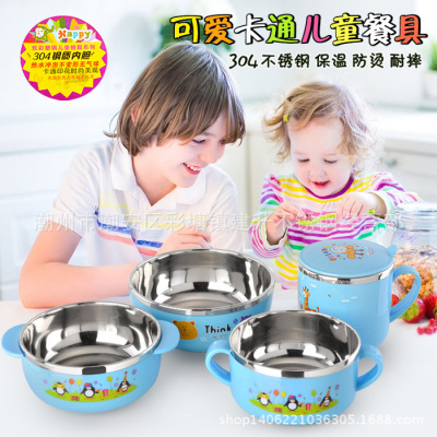 Factory Direct Supply 304 Stainless Steel with Handle Children's Bowl Kid's Cup Baby Steel Plastic Anti-Scald Insulation Bowl