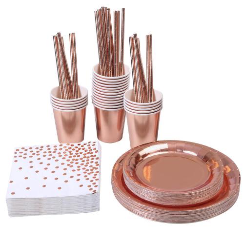 cross-border amazon 146pcs rose gold bronzing disposable paper cup paper tray straw tissue tableware set