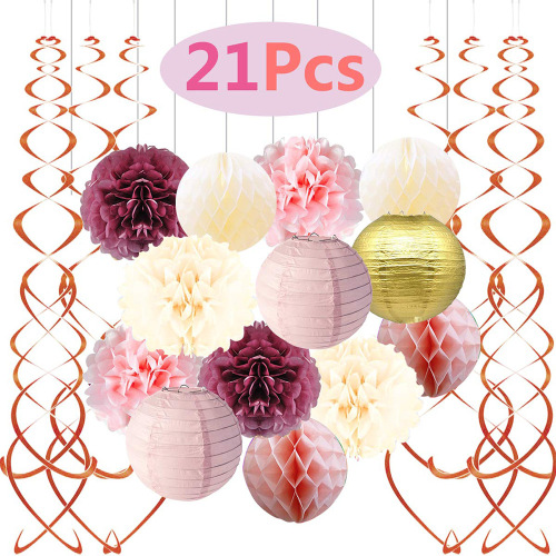 21PCs Paper Flower Ball Paper Lantern Set European and American Birthday Party Wedding Decoration Background Layout