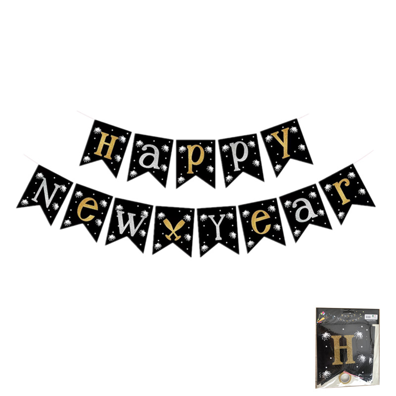 新款happy new year大号闪粉新年快乐字母拉旗新年派对背景装饰
