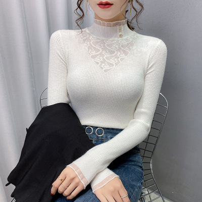 Lace Half-Turtleneck Slim Knitted Sweater Women's Autumn and Winter New Mid-Collar Hollow out Stitching Bottoming Shirt Inner Wear Blouse
