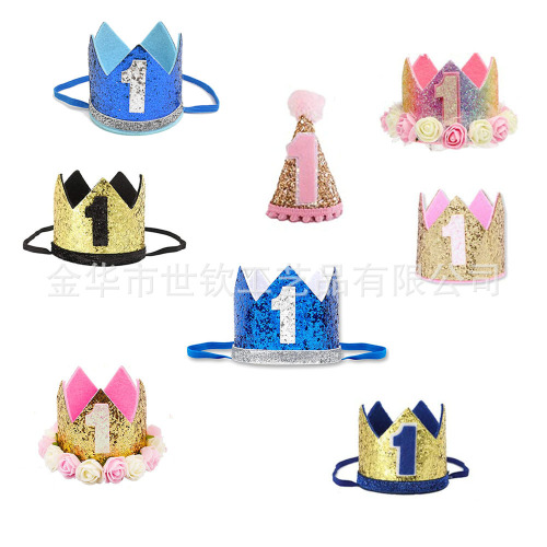 Cross-Border Baby 1 Year Old Birthday Hat Theme Party Supplies Decoration Shiny Flower Crown Hat wholesale Customization 