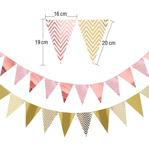 Large Board Rose Gold Pennant Wave Pattern Banner Gold Color Flag 12 Pieces Double-Sided Gilding Stripes Hanging Flag