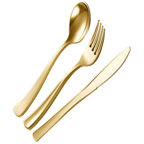 Factory Direct Plastic Golden Tableware Disposable Knife Fork Spoon Set Western Golden Tableware Three-Piece Set Wholesale