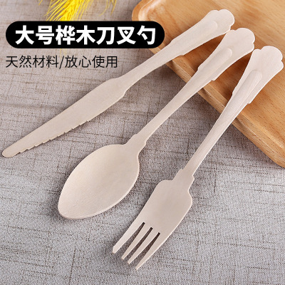 Factory Direct Sales Disposable Birch Tableware Wooden Knife, Fork and Spoon Ice-Cream Spoon Wooden Long Handle Takeaway Knife and Fork 20cm