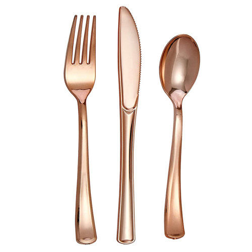 factory direct plastic rose gold tableware disposable knife， fork and spoon set rose gold tableware three-piece set wholesale